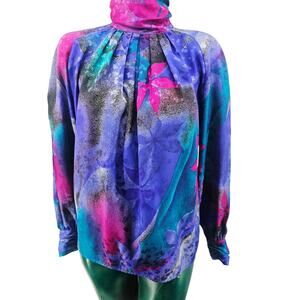Vintage 80s Tess mock neck satin Secretary Blouse 8 M Maximalist Abstract Floral